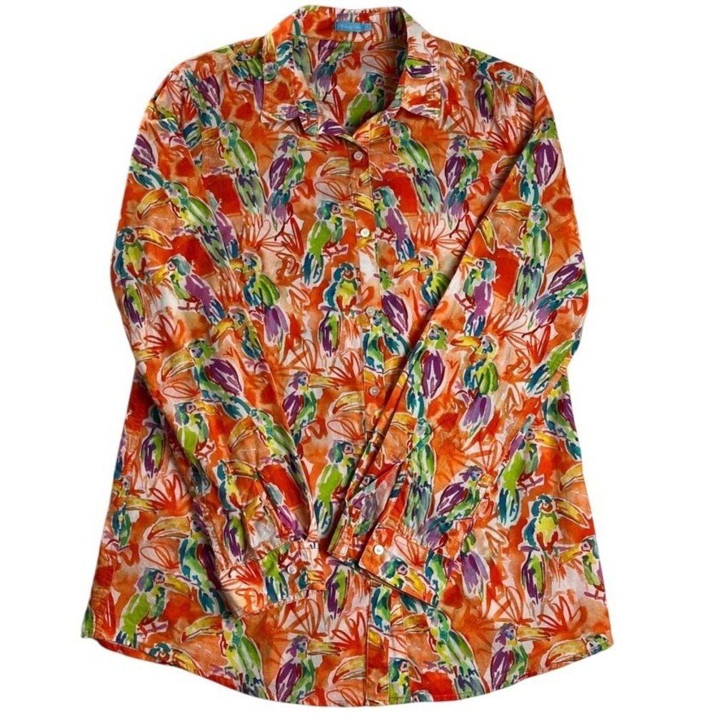J McLaughlin Button Up Shirt M Cotton Parrot Print Relaxed Colorful Tropical Top
